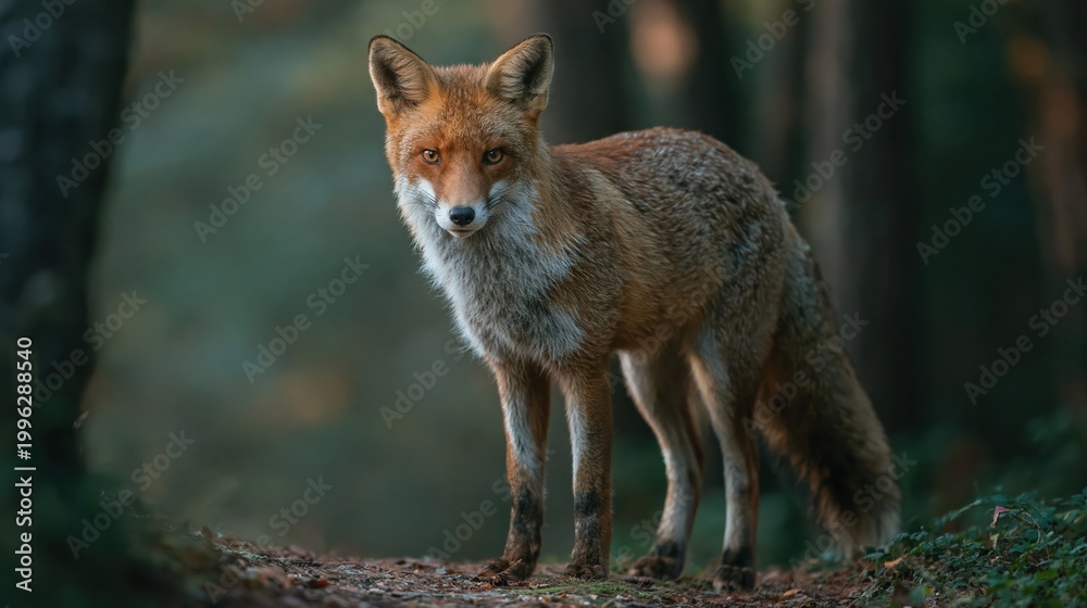 Fototapeta premium Alert red fox stands on forest floor looking directly at the camera