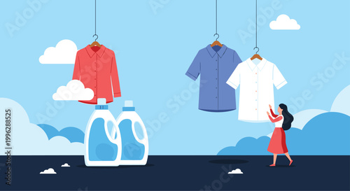 Woman hangs freshly washed shirts on a clothesline next to giant laundry detergent bottles in a bright outdoor environment.