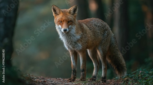 Alert red fox stands on forest floor looking directly at the camera