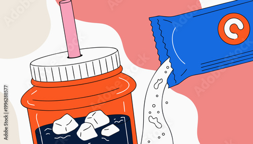 Electrolyte drink being prepared by pouring powder into bottle with ice in colorful flat illustration hydration concept