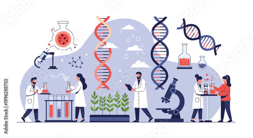Team of dedicated scientists conducts genetic research and botanical experiments in a high tech laboratory with DNA symbols.