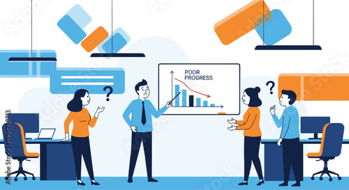 Discouraged business team looks at a presentation showing poor progress and a declining sales chart during a meeting.