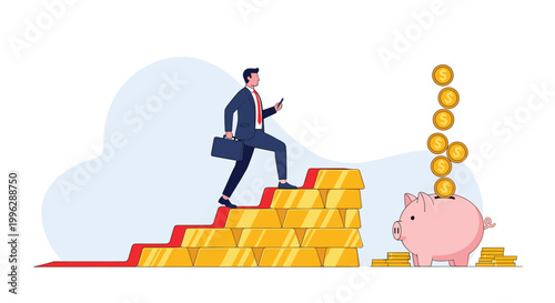 Ambitious businessman climbs a staircase of large gold bars to reach a giant pink piggy bank filled with falling coins.