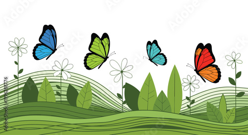 Group of vibrant colorful butterflies flies gracefully over a rolling green meadow filled with white flowers and tall grass.