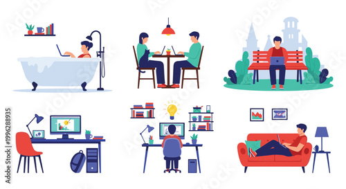 Collection of different remote work environments includes working from a bathtub, a cafe, a park bench, and a home sofa.
