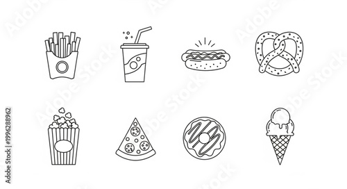 Collection of fast food icons in a simple line art style.