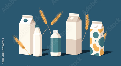 Diverse selection of milk containers including cartons and bottles are arranged with wheat stalks against a dark blue background.