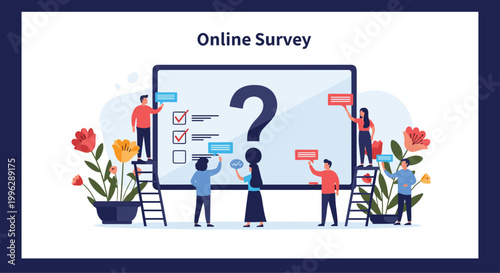 Small people work together to fill out a large online survey form on a tablet screen surrounded by beautiful flowers.