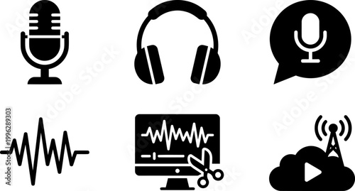 Podcast Microphone Headphones Logo Icon Grid Set