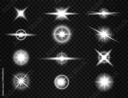 Glowing star flare icons set isolated on transparent background