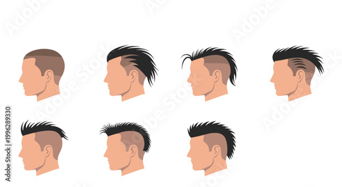 Collection of male hairstyles and haircuts shows side profile views of men with different spiked and mohawk styles in a flat design.