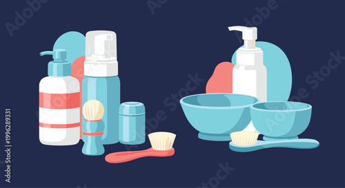 Skincare and cosmetic products including bottles, pump dispensers, and brushes are arranged on a dark background with abstract shapes.