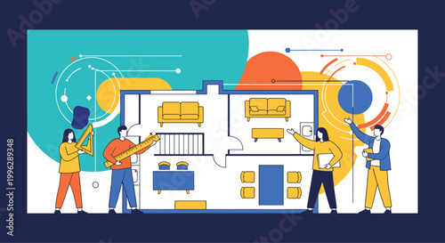 Team of professional architects and designers work on a detailed house floor plan using rulers against a colorful geometric background.