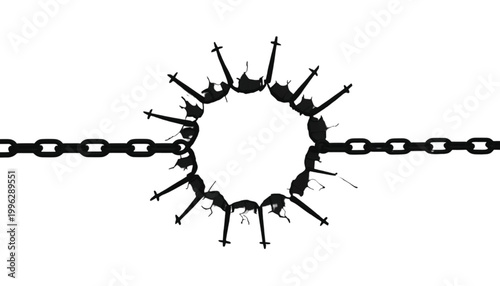 Chain links form a circular barrier with protruding spikes to symbolize restricted movement or safety.
