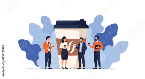 Diverse group of business people stand and talk in front of a giant coffee cup to represent a social break time in a modern office.