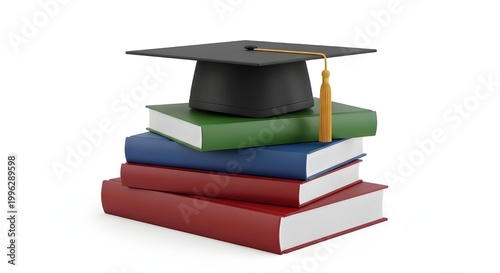 A 3D render of a graduation cap resting on a stack of three thick books (different colors), isolated on a pure white background. Clean, matte textures