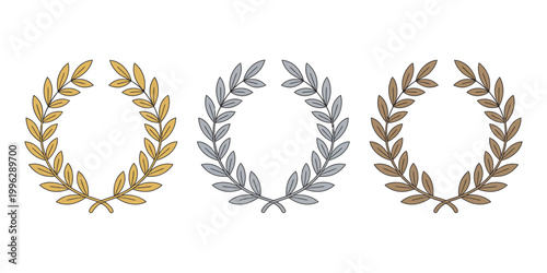Laurel wreath award victory success, three variations gold sketch brown on white background vector illustration set
