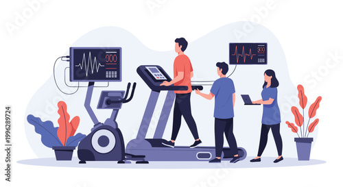 Medical professionals monitoring a patient during a cardiac stress test on a treadmill using advanced diagnostic equipment.
