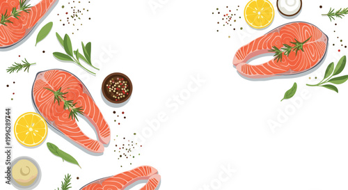 Fresh raw salmon steaks arranged with lemon slices, rosemary sprigs, and various peppercorns on a clean white background.
