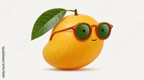 Cartoon mango character wearing orange sunglasses and a green leaf, set against a plain light background, showcasing a playful and whimsical design