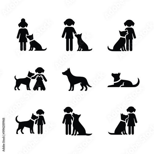 Training and obedience dog icons showing interaction between owner and canine companions