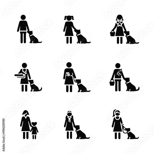 People with dogs in daily life silhouette collection featuring various owners and breeds