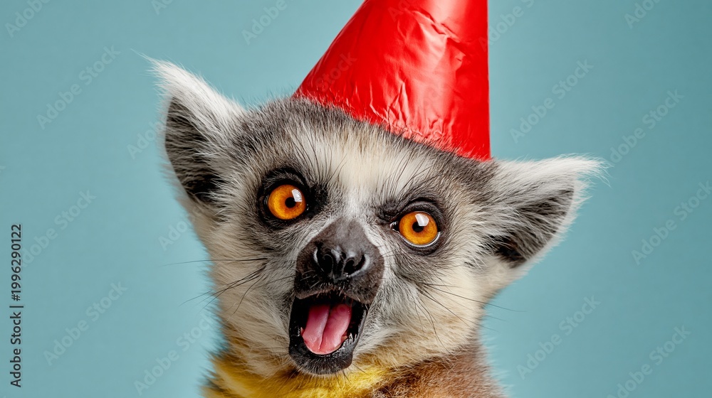 Fototapeta premium Lemur wearing a red party hat with an open mouth expression against a light blue background, showcasing its vibrant orange eyes and playful demeanor
