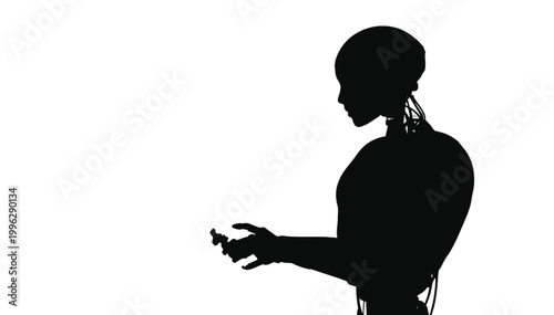 Android silhouette stands against a white background while interacting with a digital interface element.