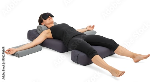 A woman relaxes on a body pillow and sleeping mask for a restful sleep