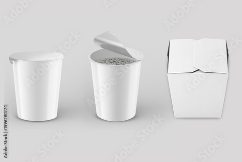 Empty blank white noodles cup Packaging Mock up isolated on gray background. Ramen instant noodle cup . food cup packaging for dairy , instant ramen noodle or desert with clipping path. 3d rendering.