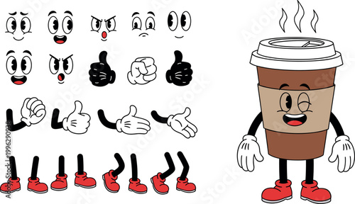 Cartoon Coffee Cup Character with Various Facial Expressions and Poses in Vector Art Style