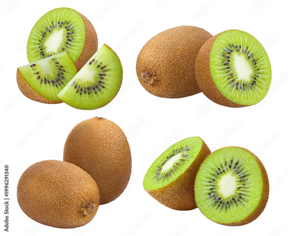 Fototapeta premium Set of fresh kiwi fruit compositions, isolated on cutout transparent background