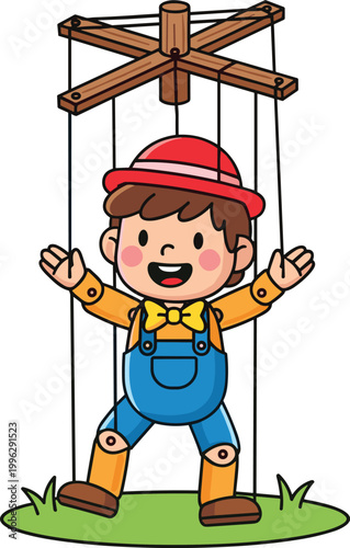 Puppet Boy with Strings in Overalls and Hat for Kids' Toy and Puppet Show Designs"