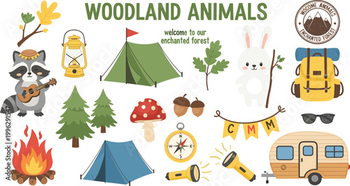 Woodland Camping Adventure with Lantern, Tent, Forest Animals, and Outdoor Gear for Kids' Camping Party Designs"