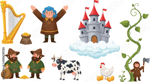 Jack and the Beanstalk Fairytale with Harp, Giant, Castle, Cow, and Magic Beans for Kids' Storybook Designs"