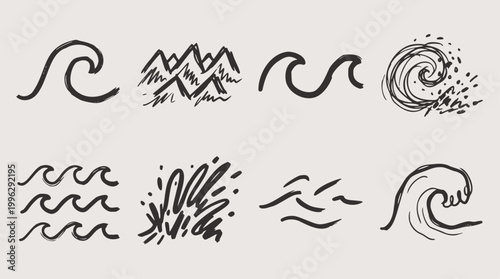 Abstract hand-drawn vector elements of ocean waves, water splashes, and natural mountain peaks, illustrated with a rough brush stroke style, ideal for organic design