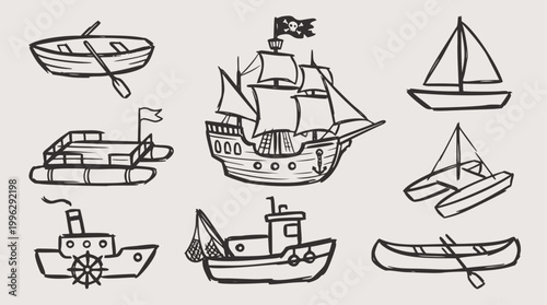 Vector illustration set of diverse hand-drawn boats in sketch style, including a pirate ship, sailboat, rowboat, fishing boat, and steamboat