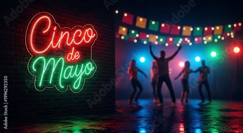 Cinco de mayo celebration with people dancing at night with neon sign