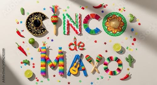 Vibrant cinco de mayo celebration with colorful decorations and food on gray background