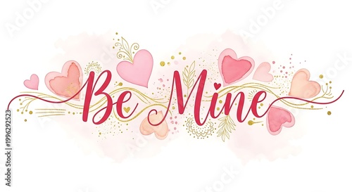Be mine valentines day card with pink hearts and gold accents on white background