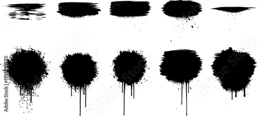 Set of black ink splatters and brush marks vector elements for grunge effects
