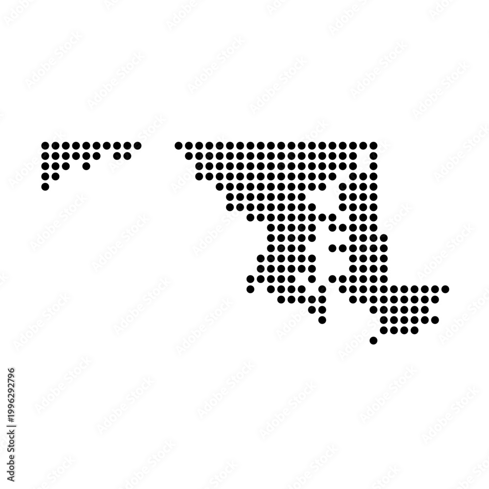 Obraz premium Maryland, state of United States, USA. Black dot silhouette map for infographic, graphs, business reports or technology design. Vector illustration on white background