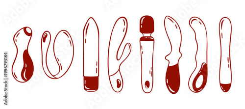 a set of types of vibrator, rabbit, penguin, adult toys for sex games, simple red icon for sex shop in minimalist sketch style, hand drawing