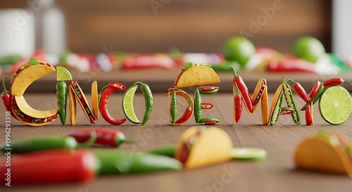 Cinco de mayo celebration with tacos, peppers, and lime on wooden table