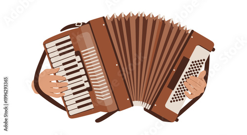 A vector graphic illustration of a brown accordion with white buttons