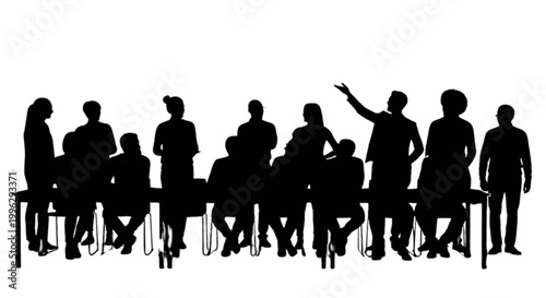 People sitting in meeting with one speaking isolated on transparent background, Vector