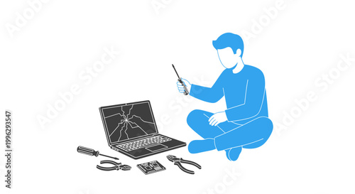 A blue silhouette of a man repairing a laptop with tools