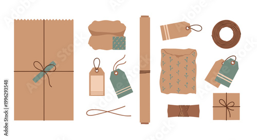 A collection of brown paper packaging materials and gift wrapping accessories