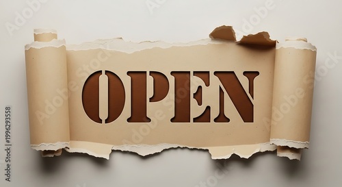 Torn paper with open sign on gray background