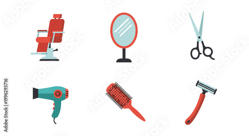 A set of colorful barber tools and equipment for grooming and haircut